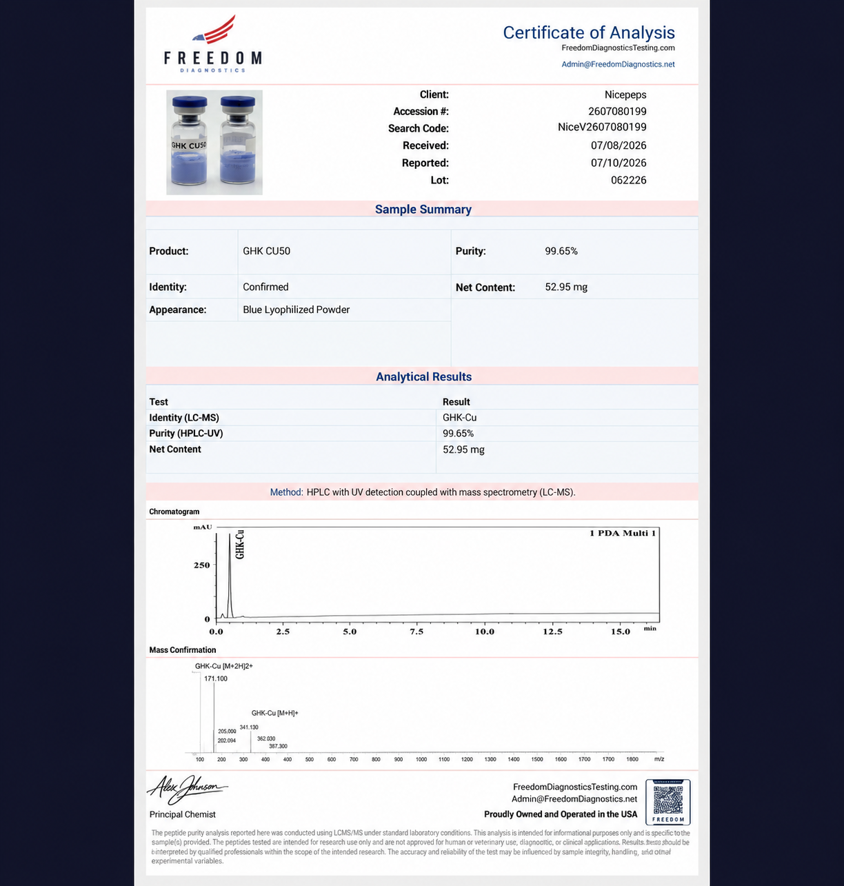 GHK-CU certificate of analysis from Freedom Diagnostics, lot 062226